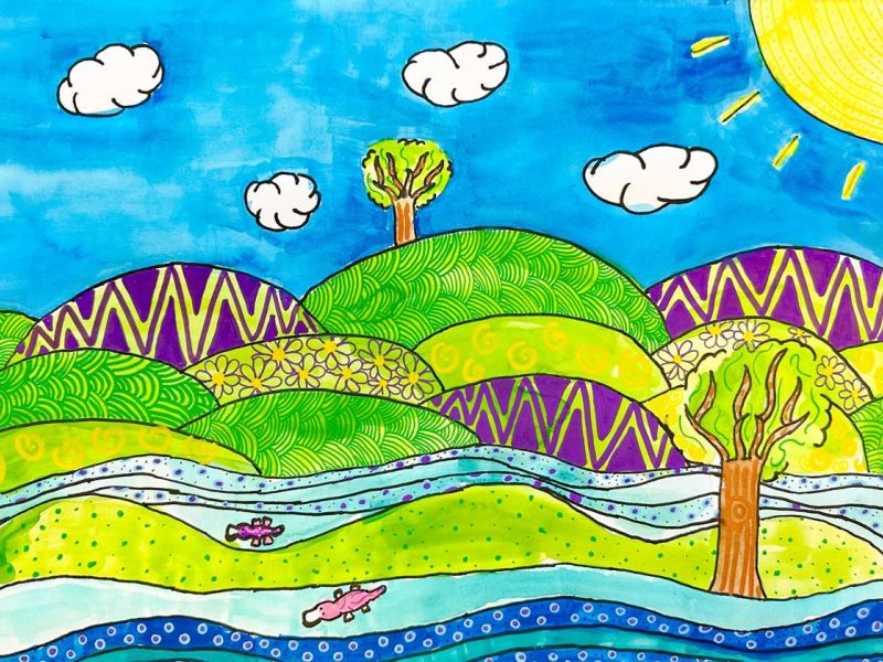 Zoe Herbig St Augustine's Wodonga Year 5      Patterned Home     Fine Liner, Paper, Watercolour, Paint Pens