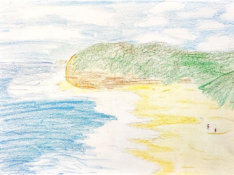 Mieke Wright St Mary's Rushworth Year 6      Beach Scene     Coloured Pencil, Greylead, Paper, Pencil