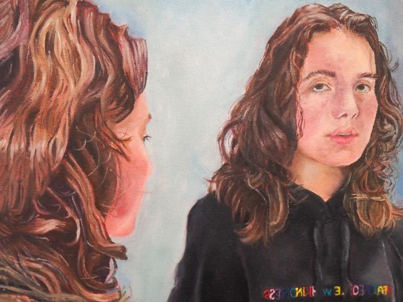 Laura Emily Graetz St Augustine's College Kyabram Year 11      Peering Through     Paint, Oil Paint      The theme I have chosen to explore in this artwork is emotions and personal perception of emotions. The themes of the painting are emotions and person