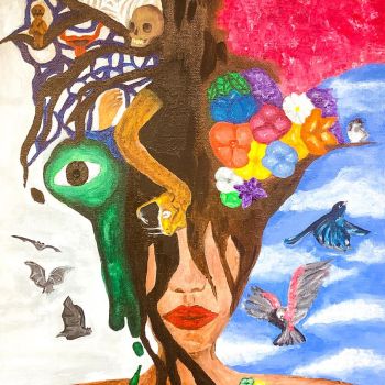 Sinead McCarroll St Anne's College Kialla Year 9      Fighting the mind     Acrylic, Canvas Board      I used acrylic paints to create this artwork, it’s colorful and dark and it uses contrasting colours to convey a message. I think you can interpret this