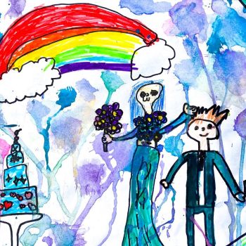 Emma Walsh St Mary's Rutherglen Year 1      The Wedding Feast     Oil Pastel, Texta, Watercolour      My artwork is a picture of a wedding. The bride and groom speak nicely to each other, they speak full of grace. This picture makes me happy.