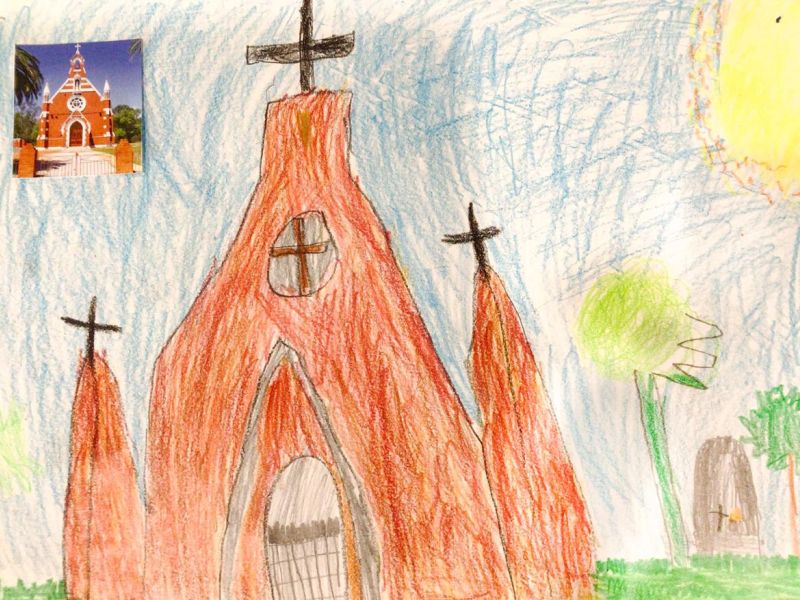 Jimmy Hayes Our Lady of the Sacred Heart Elmore Year 2      Our Lady of the Sacred Heart Church     Wax Crayon      I have drawn our church as part of our learning about the Church and our community.
