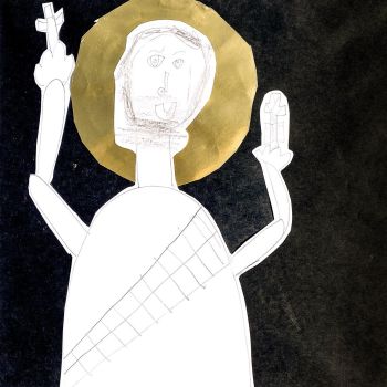 Milla Campbell St Michael's Tallangatta Year 2      Christ Pantokrator     Cardboard, Paper, Pencil      Jesus has a cross in his hand with the Bible so that we can look at Him. The cross helps us to pray. Jesus has a ring around his head for the light of
