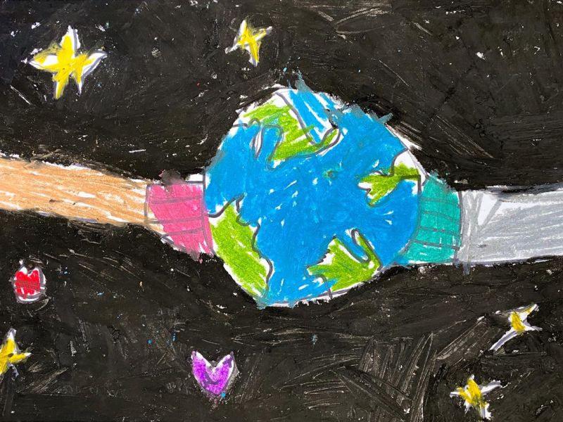 Milla Simpson St Mary's Rutherglen Year 2      The World of Harmony     Oil Pastel, Texta      Our hands and world connect, there is a connection. My artwork is all about caring, loving and speaking kindly to one and another all over the world.