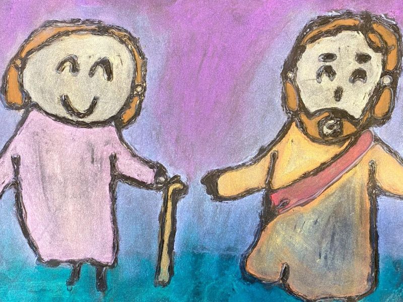Chevi MacCallum Our Lady of the Sacred Heart Elmore Year 4      Jesus and the Blind Man     Chalk Pastel, PVA Glue      Jesus healed the blind man Bartimaeus.