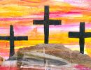 Oscar Szaraszek St Mary's Myrtleford Year 4      The 3 Crosses     Acrylic, Greylead      The 3 Crosses reminds us that Jesus died for us. He helped so many people with his graceful words and actions.