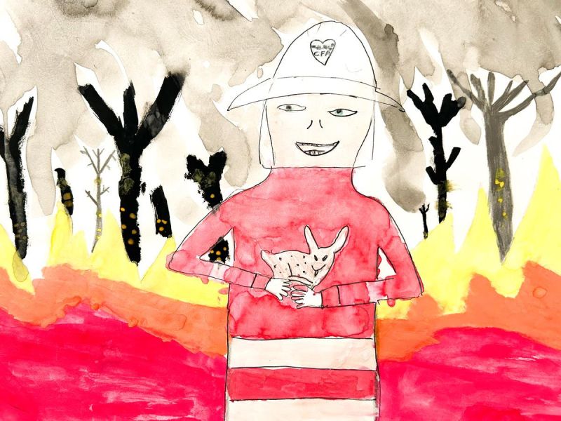 Roy Pickering St Joseph's Kerang Year 5      Life in Good Hands     Coloured Pencil, Fine Liner, Greylead, Paper, Watercolour      My artwork is of a firefighter rescuing an animal. I believe my piece meets the theme because firefighters save peoples and 
