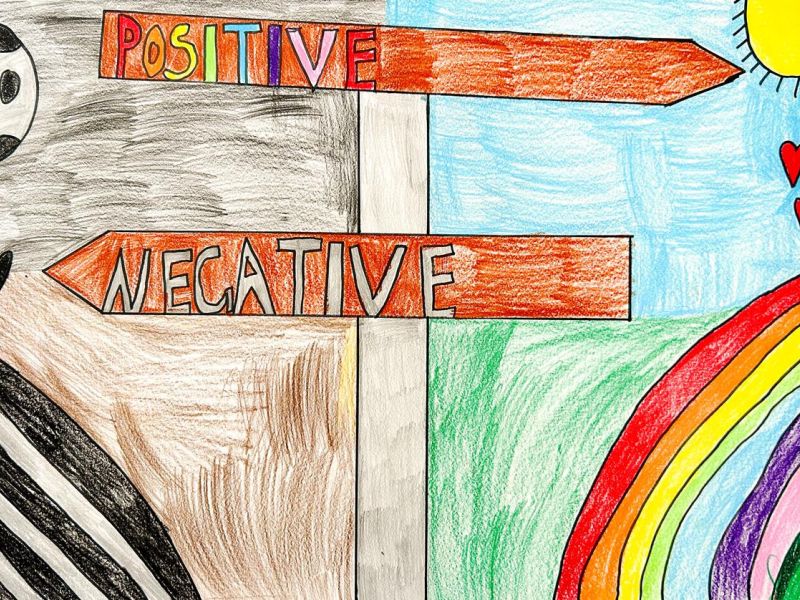 Isabella Wise St Joseph's Kerang Year 6      Always Think Positive     Coloured Pencil, Greylead, Marker, Paper      I have drawn a picture of signs pointing at positive and negative minds. I believe my piece meets the theme because it is saying that posi
