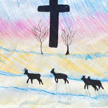 Izzy Macdonald St Michael's Tallangatta Year 6      Deers in the Snow     Pencil, Texta      4 roe deer in the snow during the sunset with the sign of the cross in the sky. I was researching roe deer so found a photograph of some in a sunset so I copied t