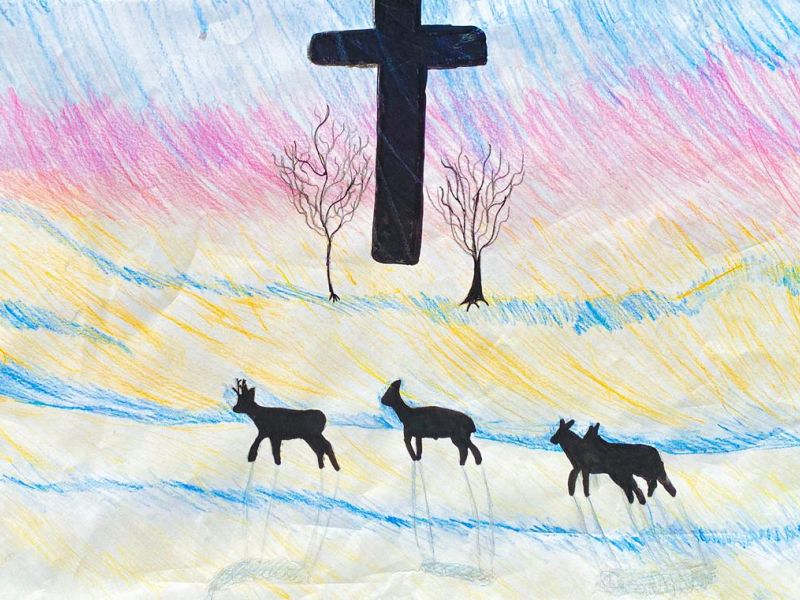 Izzy Macdonald St Michael's Tallangatta Year 6      Deers in the Snow     Pencil, Texta      4 roe deer in the snow during the sunset with the sign of the cross in the sky. I was researching roe deer so found a photograph of some in a sunset so I copied t