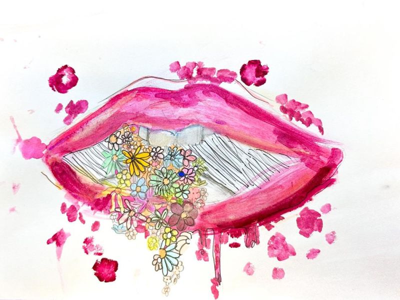 Philippa Webster St Augustine's Wodonga Year 6      Speak Beauty     Acrylic, Fine Liner, Greylead, Paper, Watercolour, Graphic Design Markers      The flowers represent grace and beauty. They are coming out of the mouth representing what we say. I used l