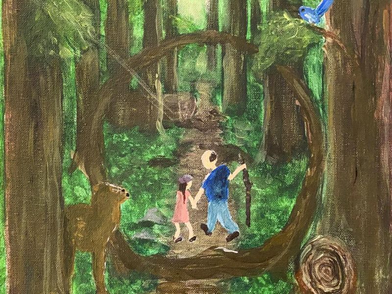 Rhiannon Almond St Anne's College Kialla Year 9      Safe with you     Acrylic, Canvas Board      This is my artwork, it is based on a recollection of this summer, when my family and I went for a day trip to the Redwood Forest. The Redwood trees were enor