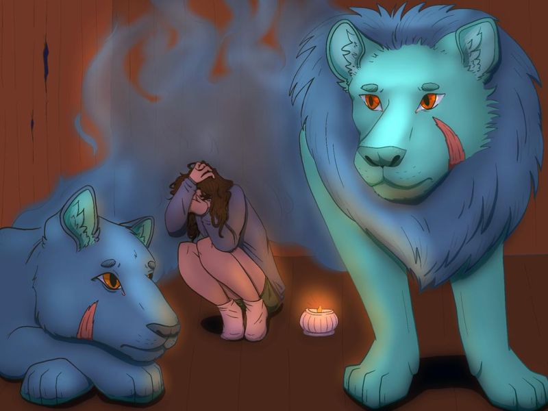 Felicity Mason FCJ College Benalla Year 12      Familiar Comfort     Digital Art      Familiar Comfort depicts a person in pain and trying to exclude herself from the outside world, as lions stand there to protect and comfort her whilst still keeping thei