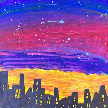 Isaac Lahm St Anne's College Kialla Year 2      Sunset City     Acrylic, Marker, Paint, Paper